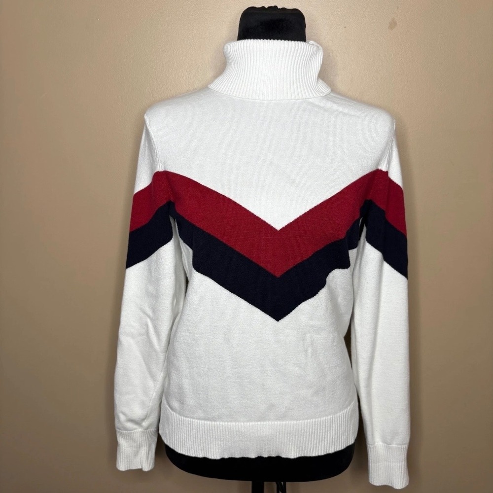 Antonio Melani Womens L/XL White Red Navy Chevron Stripe Turtleneck Sweater Chic